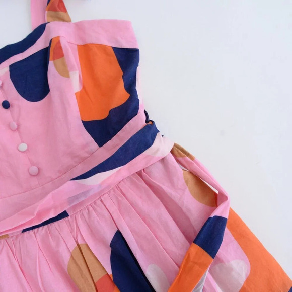 Ciebon Roma Pink & Navy Abstract Splash Apron Ruffle Cotton Midi Dress S - Picture 9 of 13